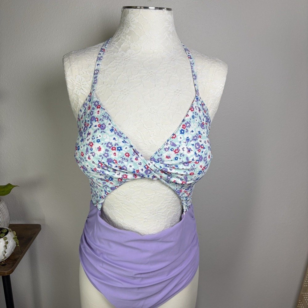 NWT Cupshe Women XL Purple One Piece Swimsuit Floral Cottagecore Cutout